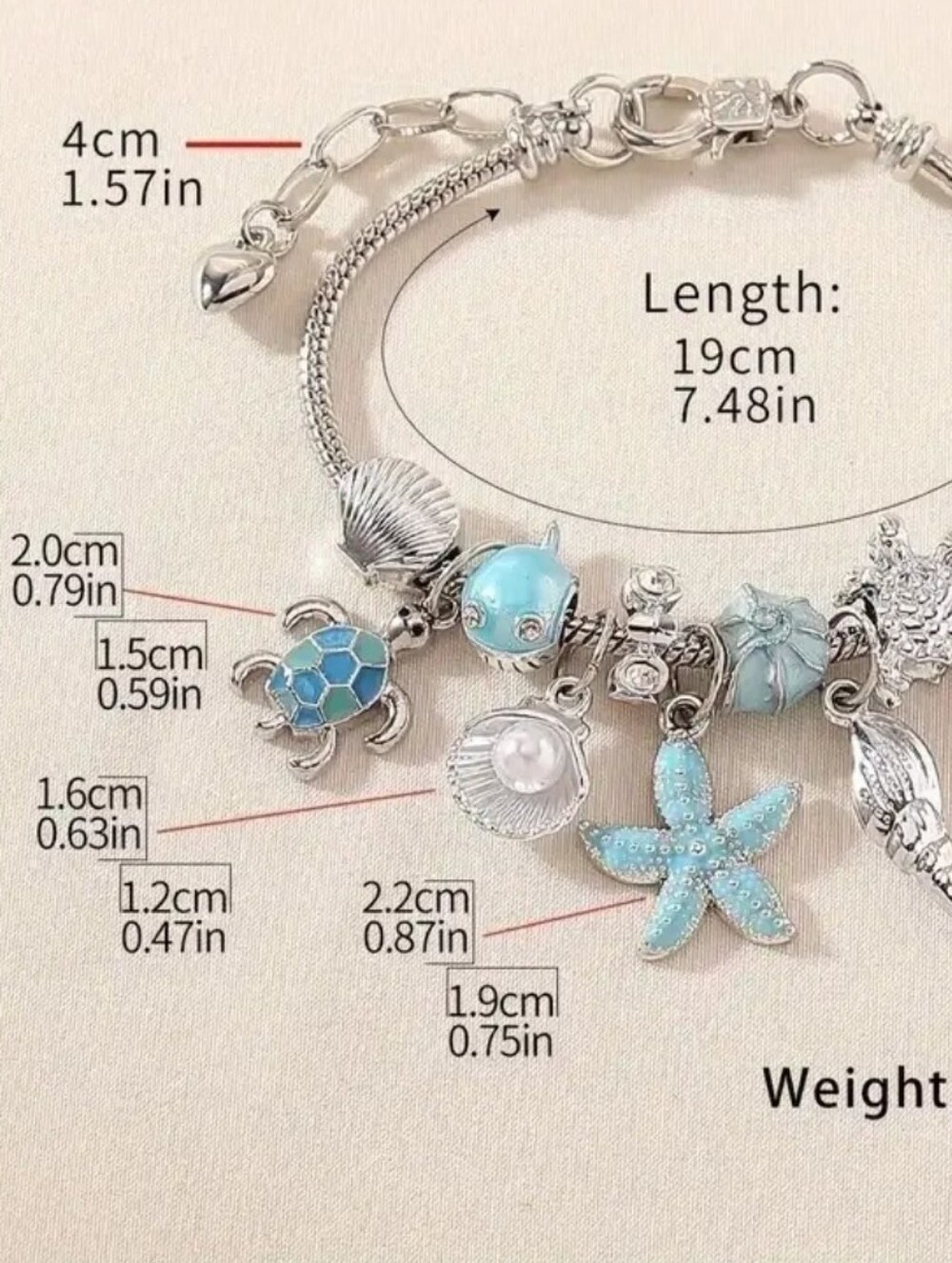 925/copper Sea Life Charm Bracelet W/ Starfish Turtle Conch Shell ++ - Picture 4 of 4